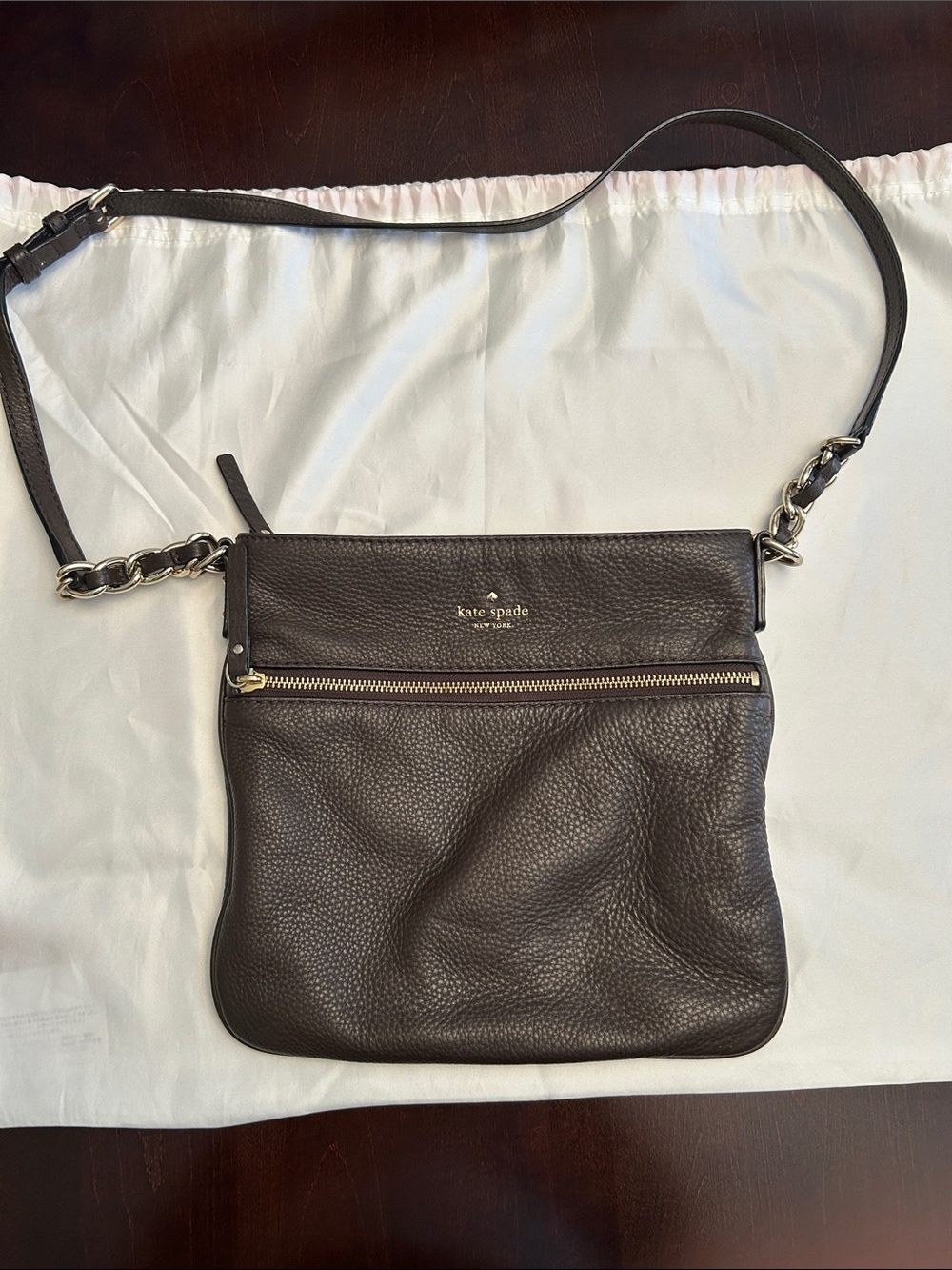 kate spade dark brown pebbled leather crossbody with chain strap